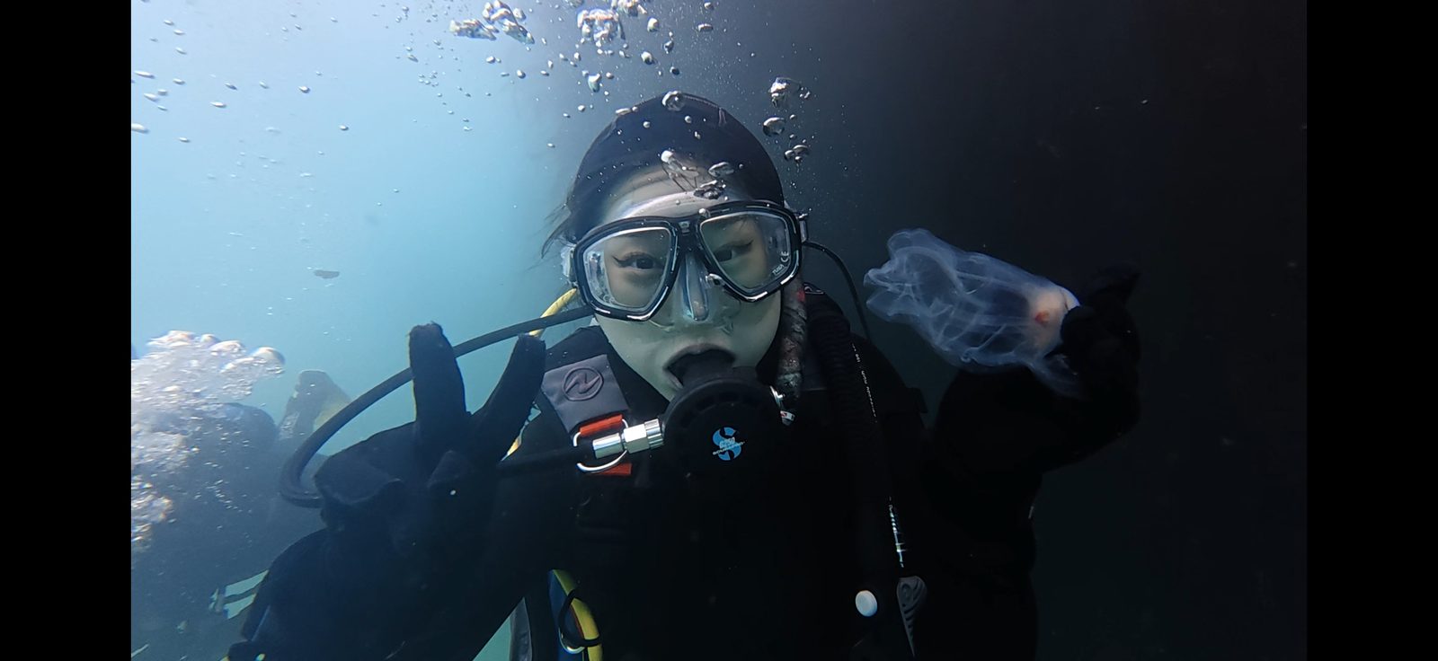 Selina scuba diving, holding a salp underwater